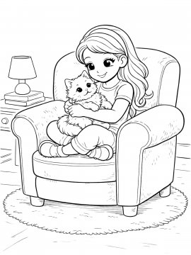 Раскраска Девочка с котенком в кресле