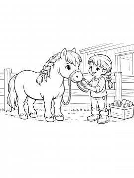 Раскраска Девочка ухаживает за пони