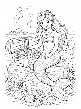Раскраска Русалка у сундука с сокровищами