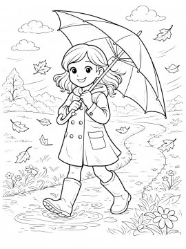 Раскраска Девочка прогуливается с зонтом