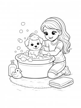 Раскраска Девочка моет щенка