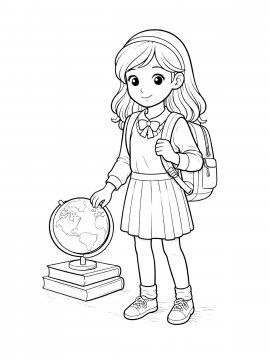 Раскраска Девочка с рюкзаком и глобус