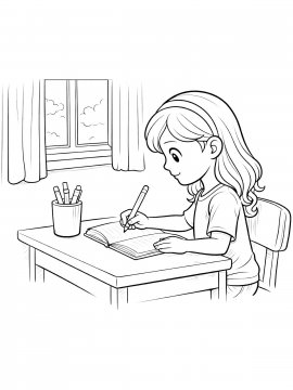 Раскраска Девочка делает уроки