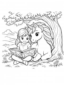 Раскраска Девочка и единорог читают под деревом