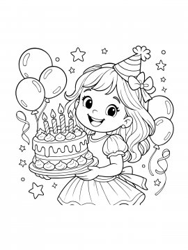 Раскраска Девочка с тортом на дне рождения