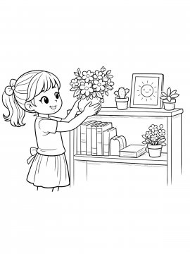 Раскраска Девочка ставит вазу с цветами
