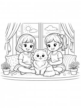 Раскраска Две подружки и кошечка
