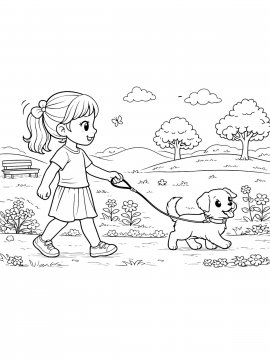 Раскраска Девочка выгуливает щенка