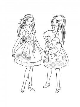 Раскраска две девочки в красивых платьях и с плюшевым медведем