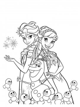 Раскраска Эльза, Анна и Олаф с маленькими снеговичками