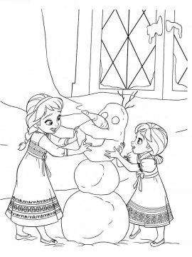 Раскраска Эльза и Анна лепят снеговика Олафа