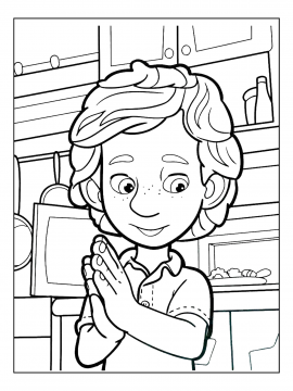 Раскраска ДимДимыч из мультфильма Фиксики на кухне сложил ладони перед делом