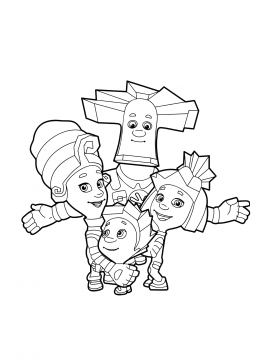 Раскраска Папус, Мася, Симка и Нолик вместе из мультфильма Фиксики