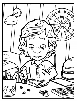 Раскраска ДимДимыч ремонтирует электронное устройство за столом