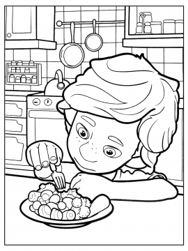 Раскраска ДимДимыч ест за столом на кухне