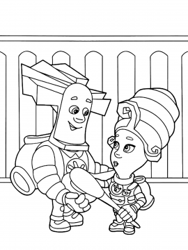 Раскраска Папус и Мася из Фиксиков с инструментами обсуждают ремонт 