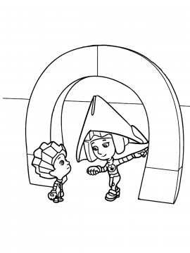 Раскраска Симка держит большой магнит, Нолик наблюдает