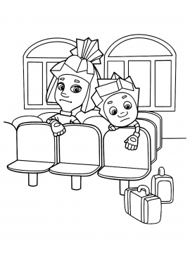 Раскраска Симка и Нолик сидят в зале ожидания, рядом чемодан