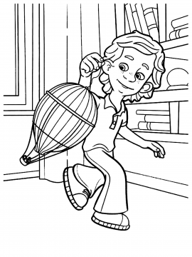 Раскраска ДимДимыч бежит по комнате с большим воздушным шаром