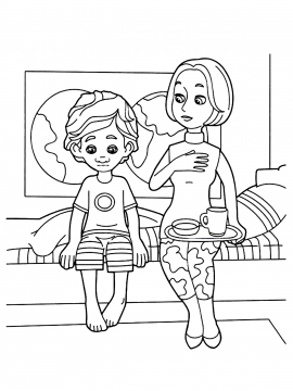 Раскраска ДимДимыч сидит рядом с мамой на диване, у неё поднос с чашкой