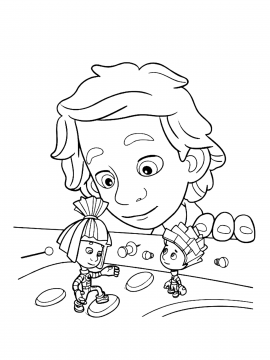 Раскраска ДимДимыч наблюдает за Симкой и Ноликом среди кнопок и деталей