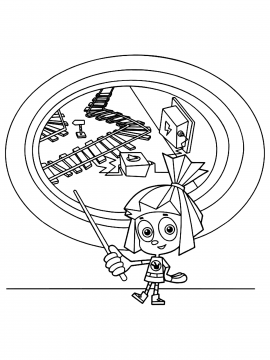 Раскраска Симка держит указку и показывает схему железной дороги на экране