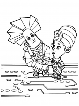 Раскраска Папус и Мася стоят на печатной плате с электронными дорожками