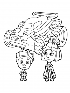 Раскраска Симка и Нолик стоят перед машиной