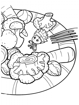 Раскраска Нолик в тарелке с овощами