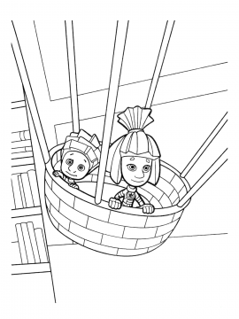 Раскраска Симка и Нолик стоят в подвесной корзине на тросах