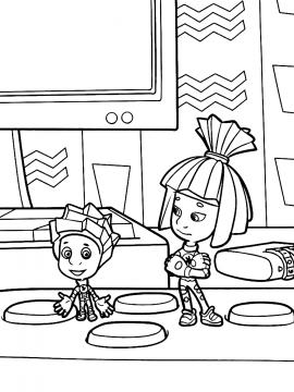 Раскраска Нолик и Симка у панели с большими круглыми кнопками