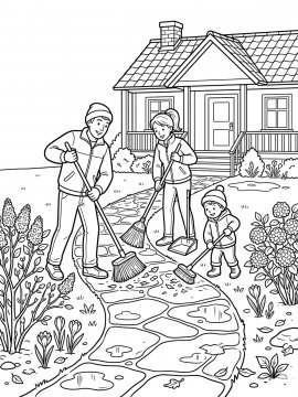 Раскраска Семья убирают двор после зимы
