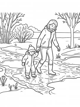 Раскраска Мама на прогулке с ребенком идет по лужам