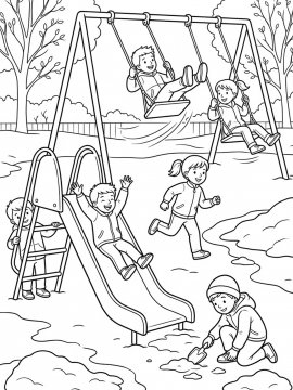 Раскраска Дети радуются весне на игровой площадке