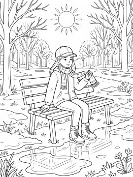 Раскраска Девушка сидит на лавке в весеннем парке