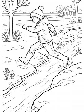 Раскраска Мальчик прыгает через весенний ручей