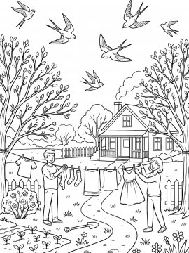 Раскраска Весенний пейзаж с ласточками