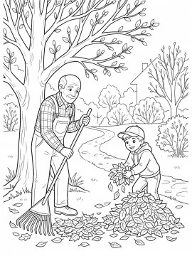 Раскраска Дед и внук собирают листву весной