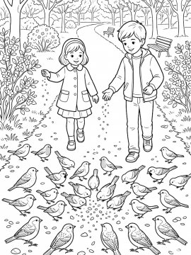 Раскраска Мальчик и девочка кормят птиц