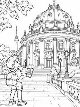 Девочка с рюкзаком перед берлинским куполом Reichstag