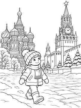 Ребёнок на фоне московских соборов зимой
