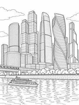 Небоскребы Москвы с теплоходом на реке