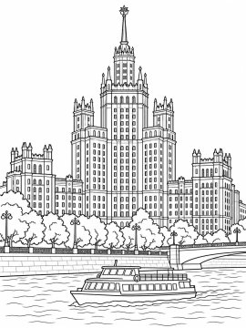 Высотное здание Москвы и теплоход на реке