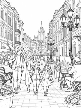 Семья гуляет по московской улице с кремлём