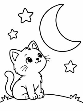 Котёнок смотрит на луну и звёзды