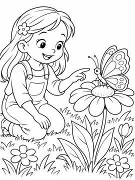 Девочка рассматривает бабочку на цветке