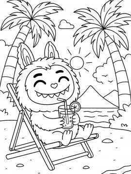 Раскраска Лабубу лежит на шезлонге