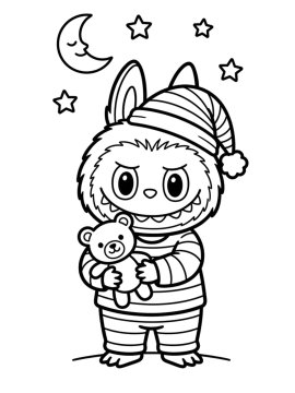 Раскраска Лабубу в пижаме с плюшевым мишкой