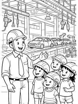 Раскраска Детям проводят экскурсию по автозаводу