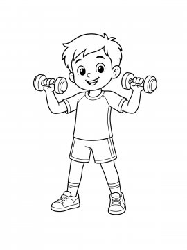 Раскраска Мальчик упражняется с гантелями